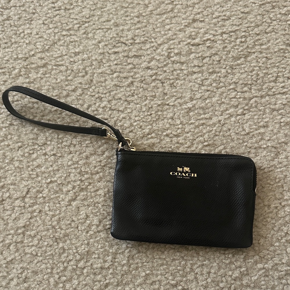 Coach Black Leather Wristlet with Gold Accents